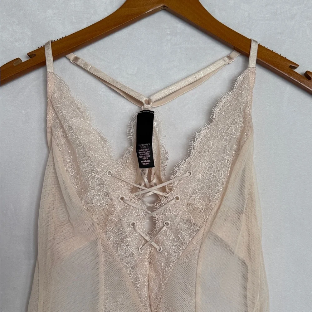 Sheer Lace Intimate Bodysuit Pink Flesh Cream Victoria's Secret Size XS